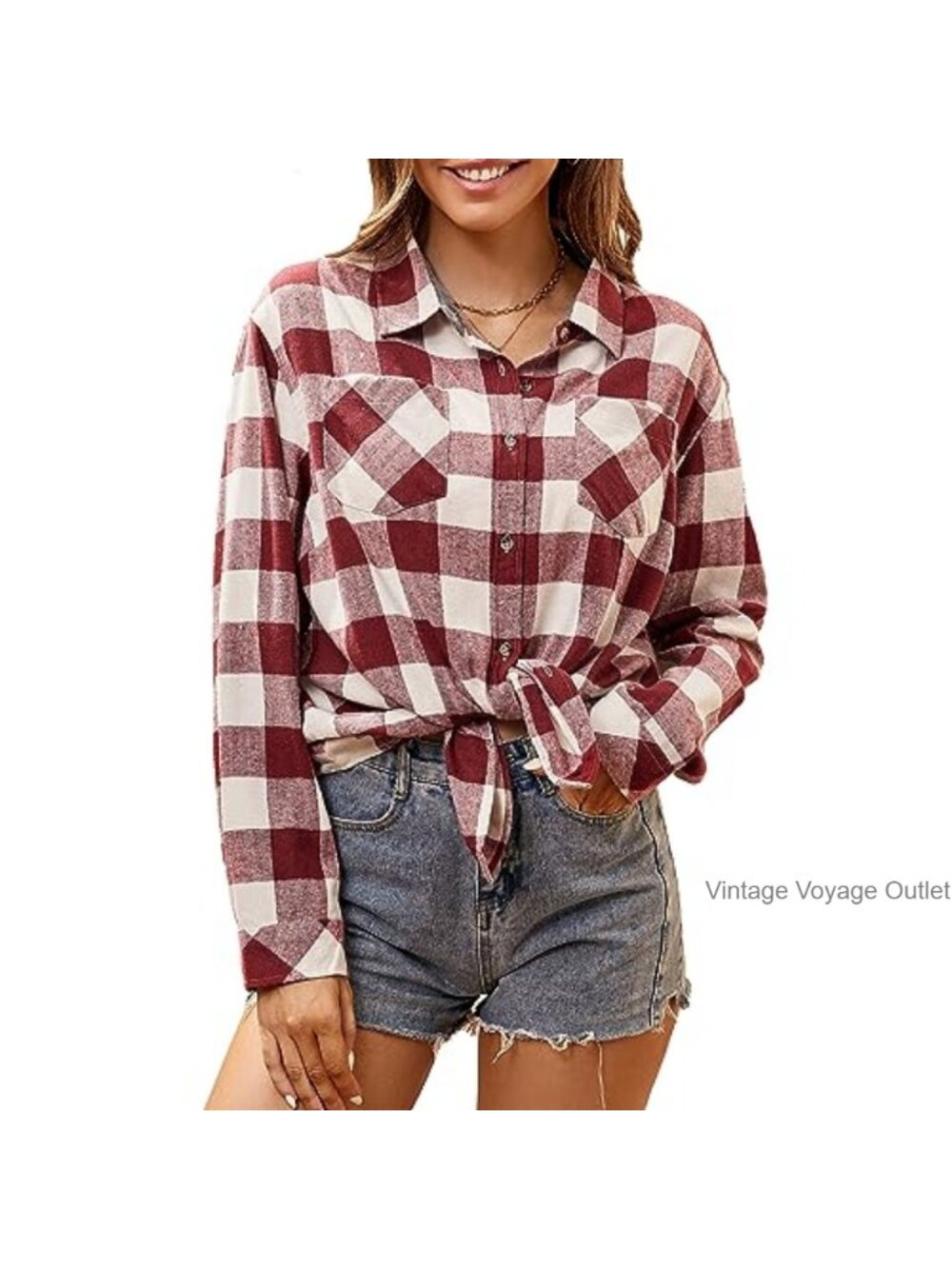 Womens Flannel Shirt Long Sleeve Plaid Button Down Cotton Blend Loose Fit